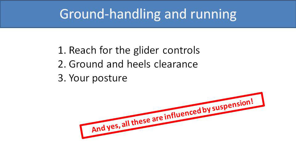 Ground-handling and running
1. Reach for the glider controls
2. Ground and heels clearance
3. Your posture
All influenced by suspension.
